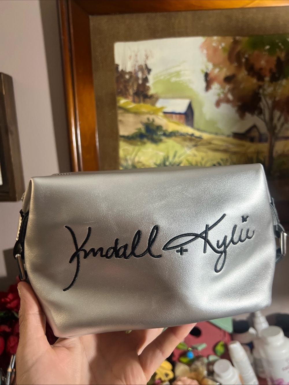 Kendall & Kylie Silver Logo Cosmetic Bag